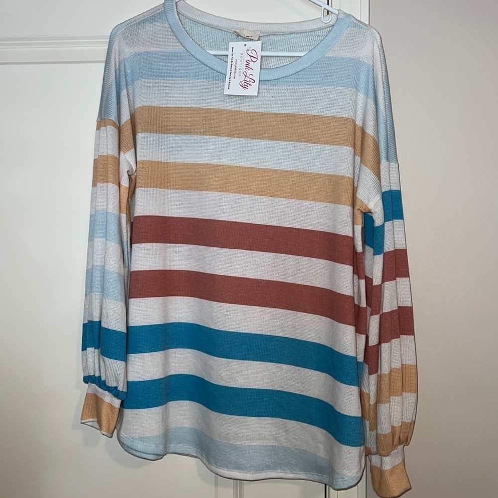 Bibi Pink Lily Boutique A Playful Heart Multicolor Striped Pullover Sz Small NWT